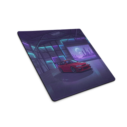 Nissan Silvia S14 Inspired Red Purple Vaporwave Gaming Mouse Pad, Neon JDM Drift Car Desk Mat with Retro Futuristic Garage City Artwork