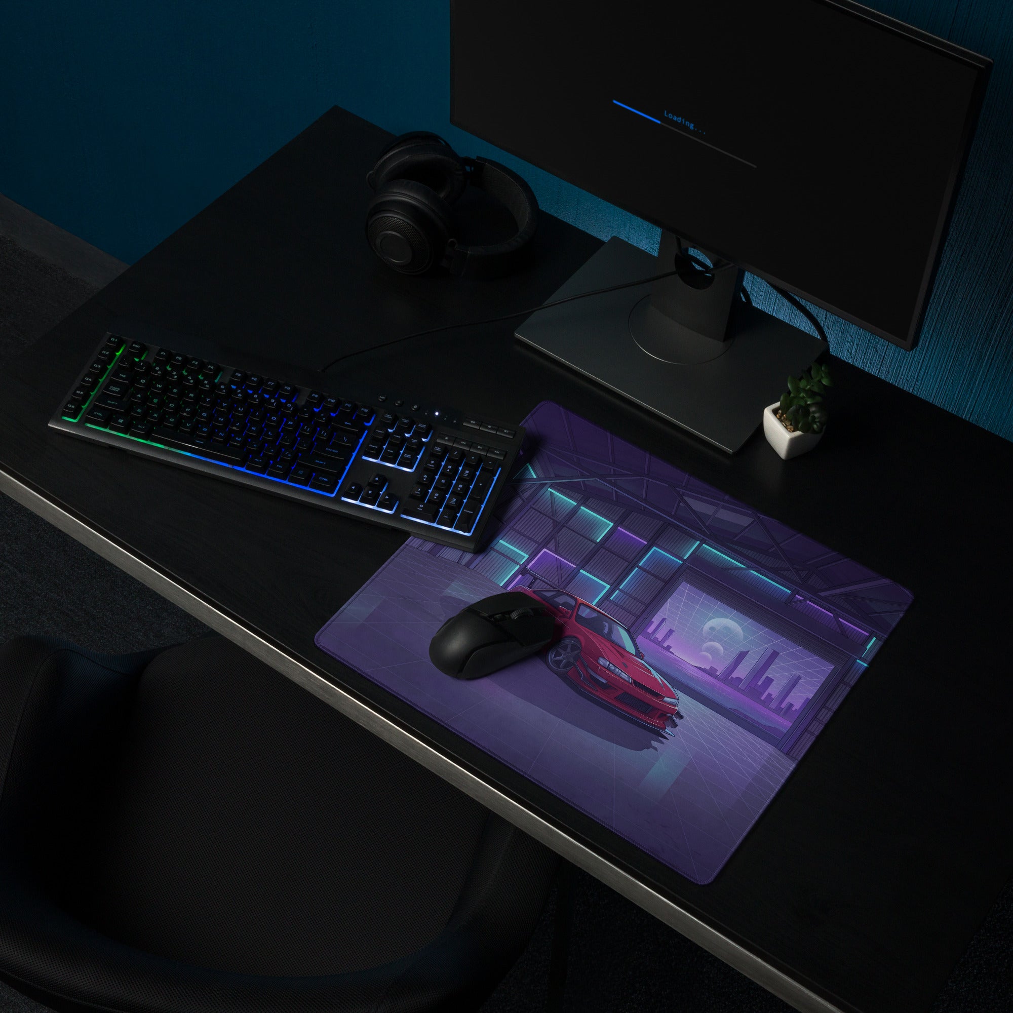 Nissan Silvia S14 Inspired Red Purple Vaporwave Gaming Mouse Pad, Neon JDM Drift Car Desk Mat with Retro Futuristic Garage City Artwork