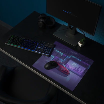 Nissan Silvia S14 Inspired Red Purple Vaporwave Gaming Mouse Pad, Neon JDM Drift Car Desk Mat with Retro Futuristic Garage City Artwork