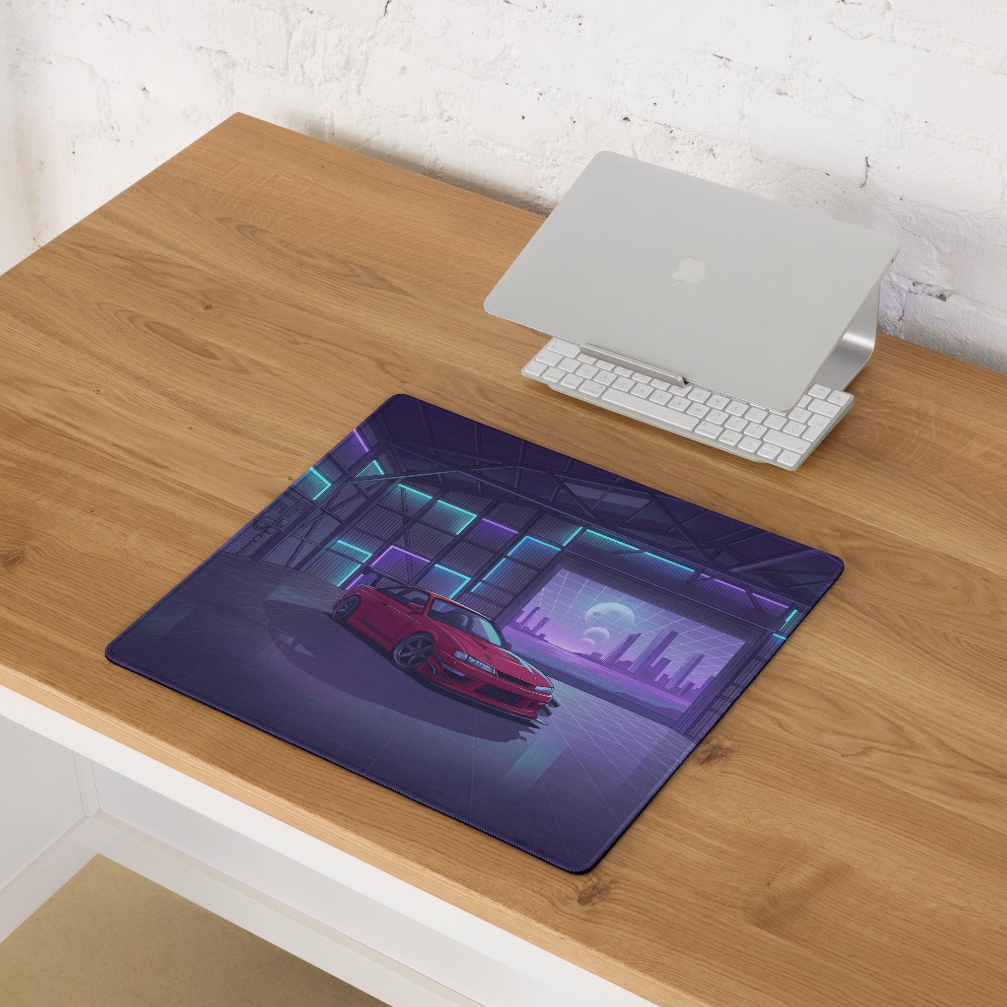 Nissan Silvia S14 Inspired Red Purple Vaporwave Gaming Mouse Pad, Neon JDM Drift Car Desk Mat with Retro Futuristic Garage City Artwork