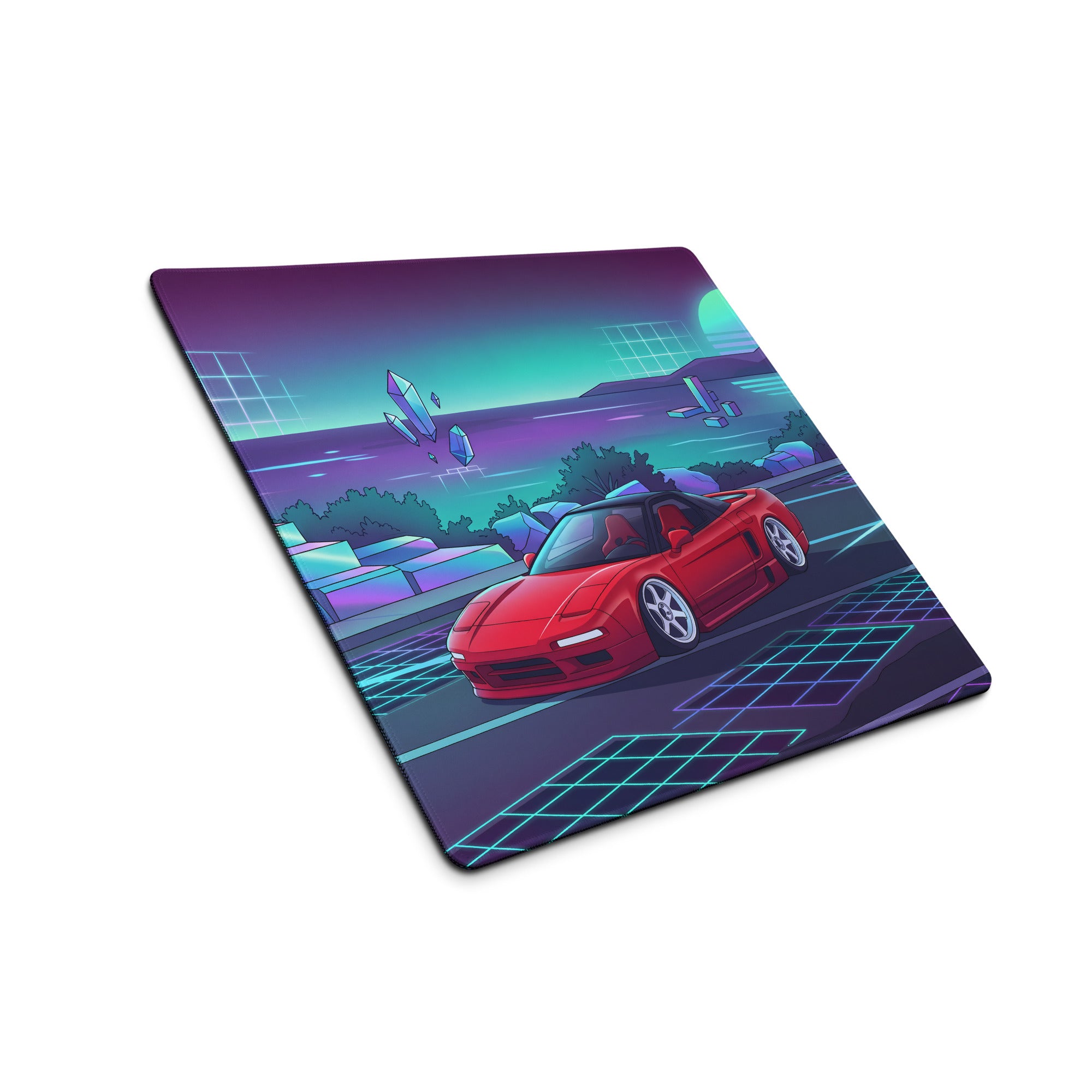 Honda NSX Inspired Red Cyan Vaporwave Gaming Mouse Pad, Neon JDM Supercar Desk Mat with Retro Futuristic Coastal Crystal Artwork