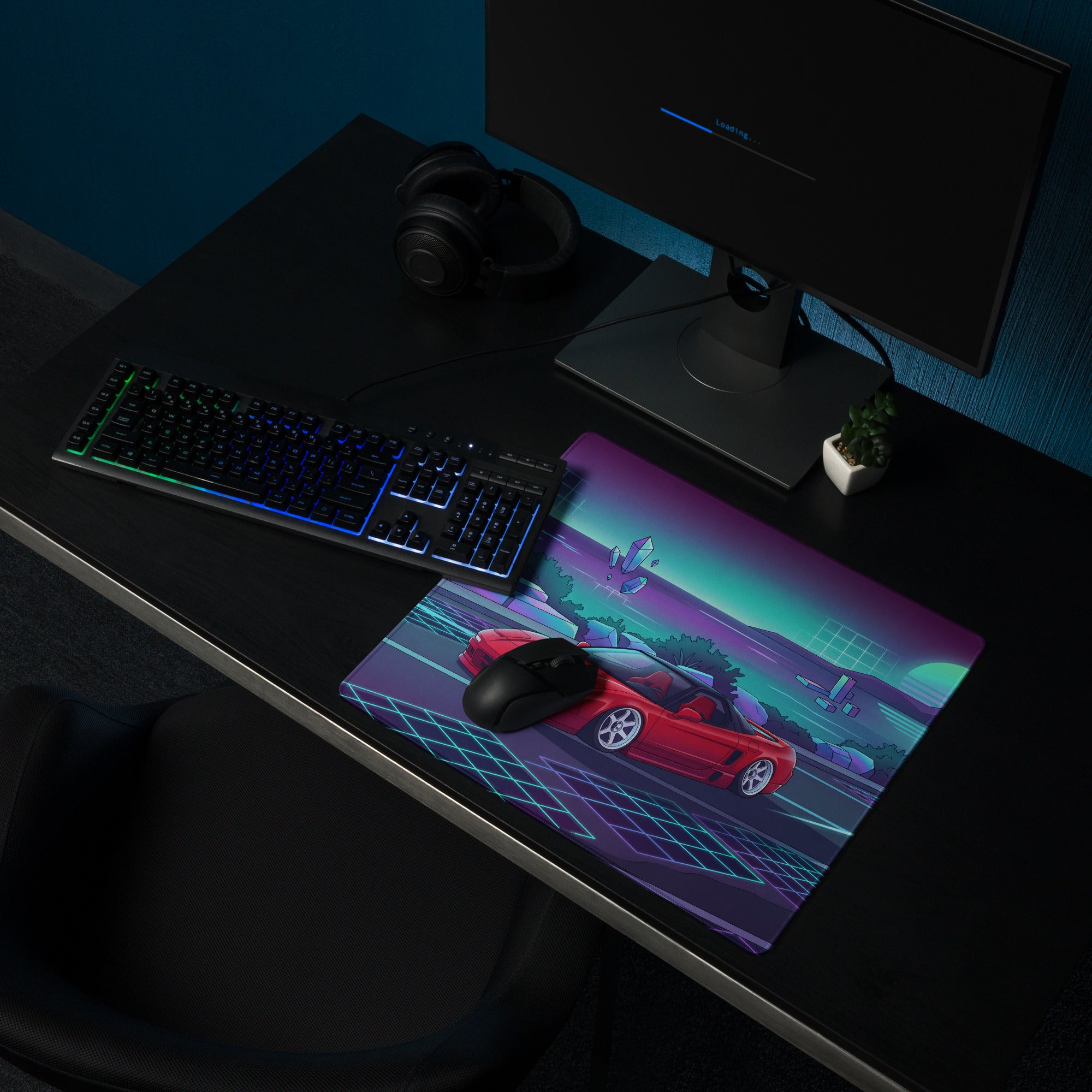 Honda NSX Inspired Red Cyan Vaporwave Gaming Mouse Pad, Neon JDM Supercar Desk Mat with Retro Futuristic Coastal Crystal Artwork