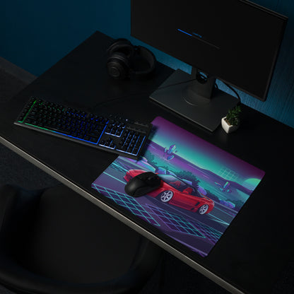 Honda NSX Inspired Red Cyan Vaporwave Gaming Mouse Pad, Neon JDM Supercar Desk Mat with Retro Futuristic Coastal Crystal Artwork