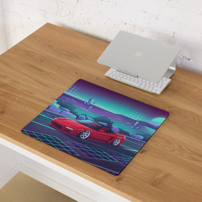 Honda NSX Inspired Red Cyan Vaporwave Gaming Mouse Pad, Neon JDM Supercar Desk Mat with Retro Futuristic Coastal Crystal Artwork