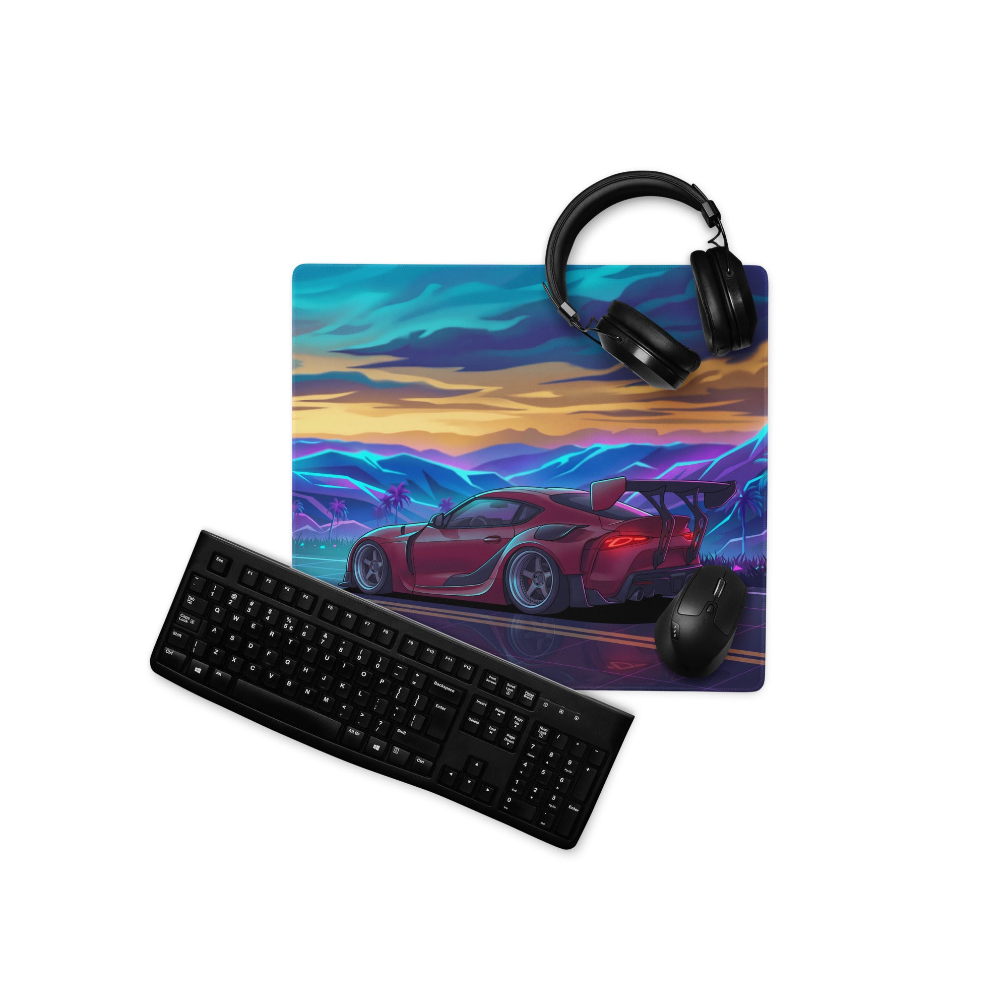 Toyota GR Supra A90 Inspired Red Blue Vaporwave Gaming Mouse Pad, Neon JDM Sports Car Desk Mat with Retro Futuristic Mountain Road Artwork
