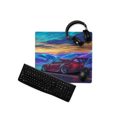 Toyota GR Supra A90 Inspired Red Blue Vaporwave Gaming Mouse Pad, Neon JDM Sports Car Desk Mat with Retro Futuristic Mountain Road Artwork