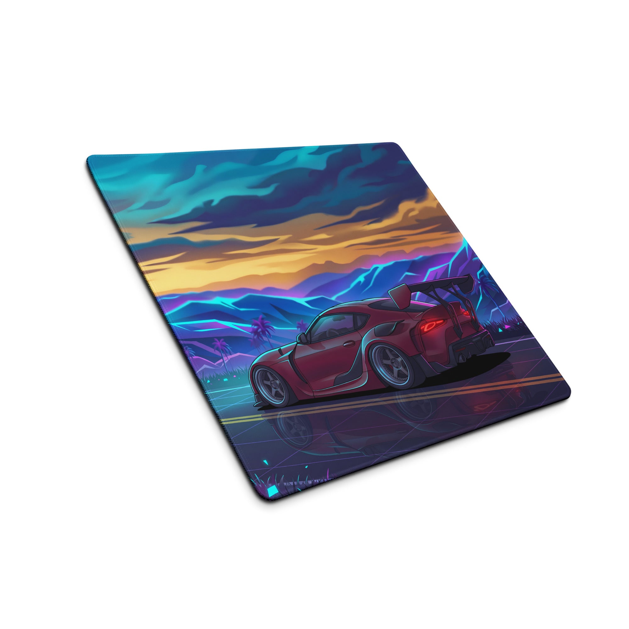 Toyota GR Supra A90 Inspired Red Blue Vaporwave Gaming Mouse Pad, Neon JDM Sports Car Desk Mat with Retro Futuristic Mountain Road Artwork