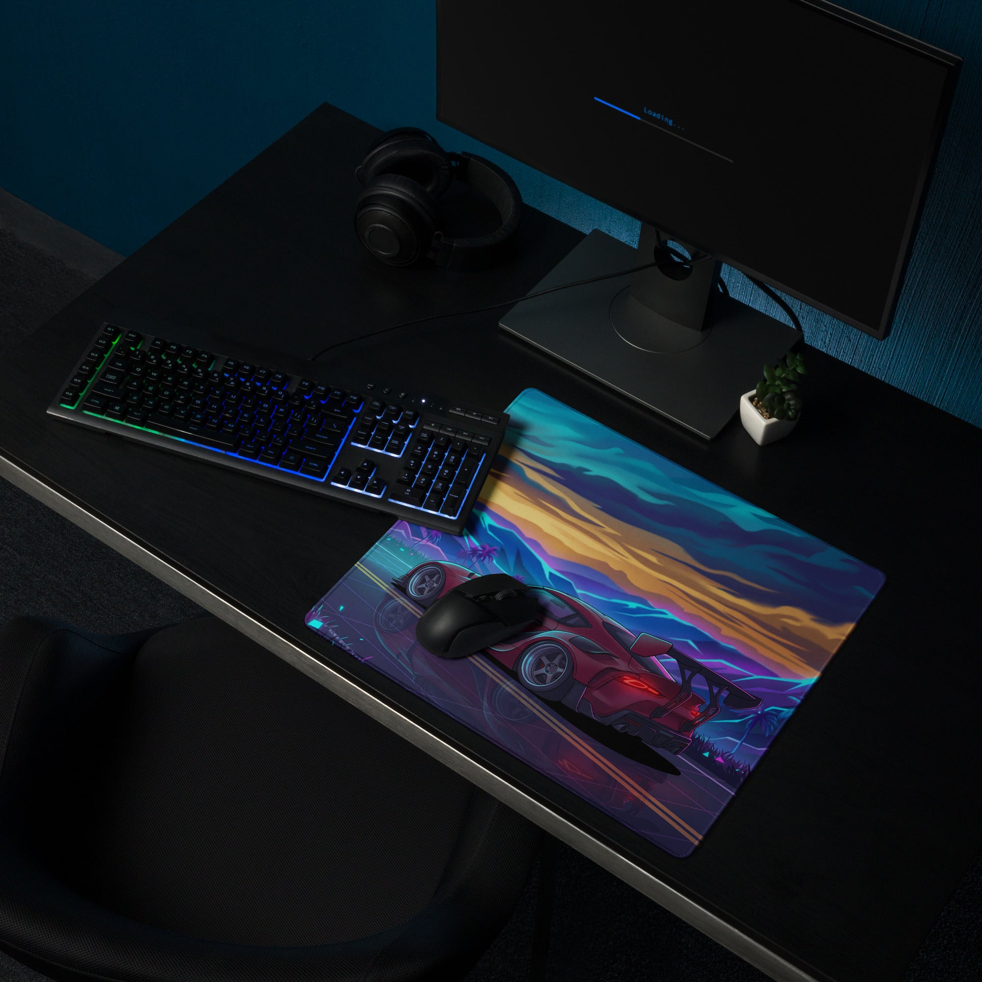 Toyota GR Supra A90 Inspired Red Blue Vaporwave Gaming Mouse Pad, Neon JDM Sports Car Desk Mat with Retro Futuristic Mountain Road Artwork