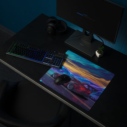 Toyota GR Supra A90 Inspired Red Blue Vaporwave Gaming Mouse Pad, Neon JDM Sports Car Desk Mat with Retro Futuristic Mountain Road Artwork