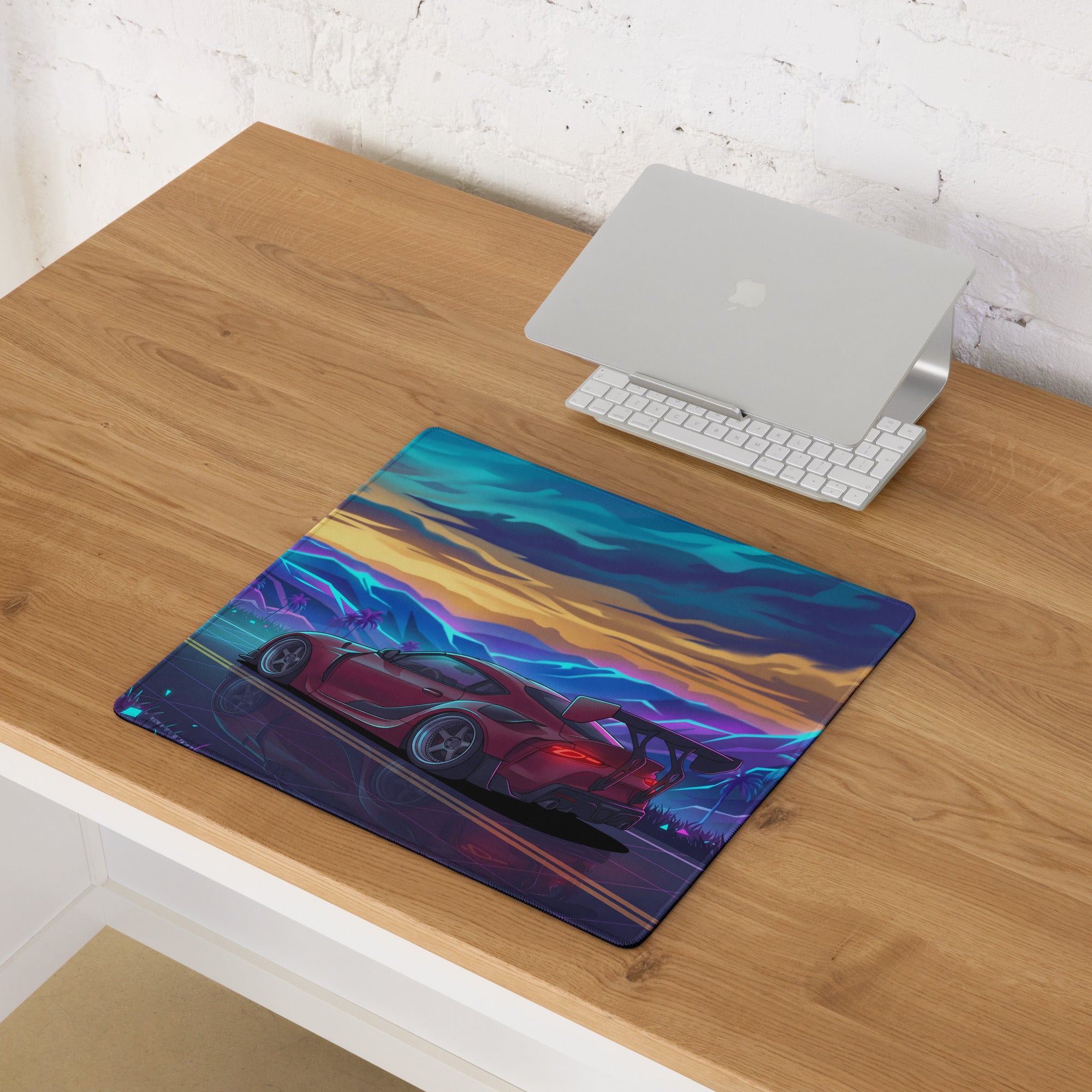 Toyota GR Supra A90 Inspired Red Blue Vaporwave Gaming Mouse Pad, Neon JDM Sports Car Desk Mat with Retro Futuristic Mountain Road Artwork