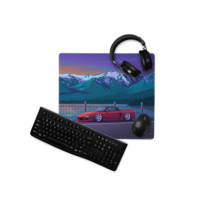 Honda NSX Inspired Red Blue Vaporwave Gaming Mouse Pad, Neon JDM Supercar Desk Mat with Retro Futuristic Snowy Mountain Artwork