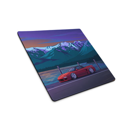 Honda NSX Inspired Red Blue Vaporwave Gaming Mouse Pad, Neon JDM Supercar Desk Mat with Retro Futuristic Snowy Mountain Artwork