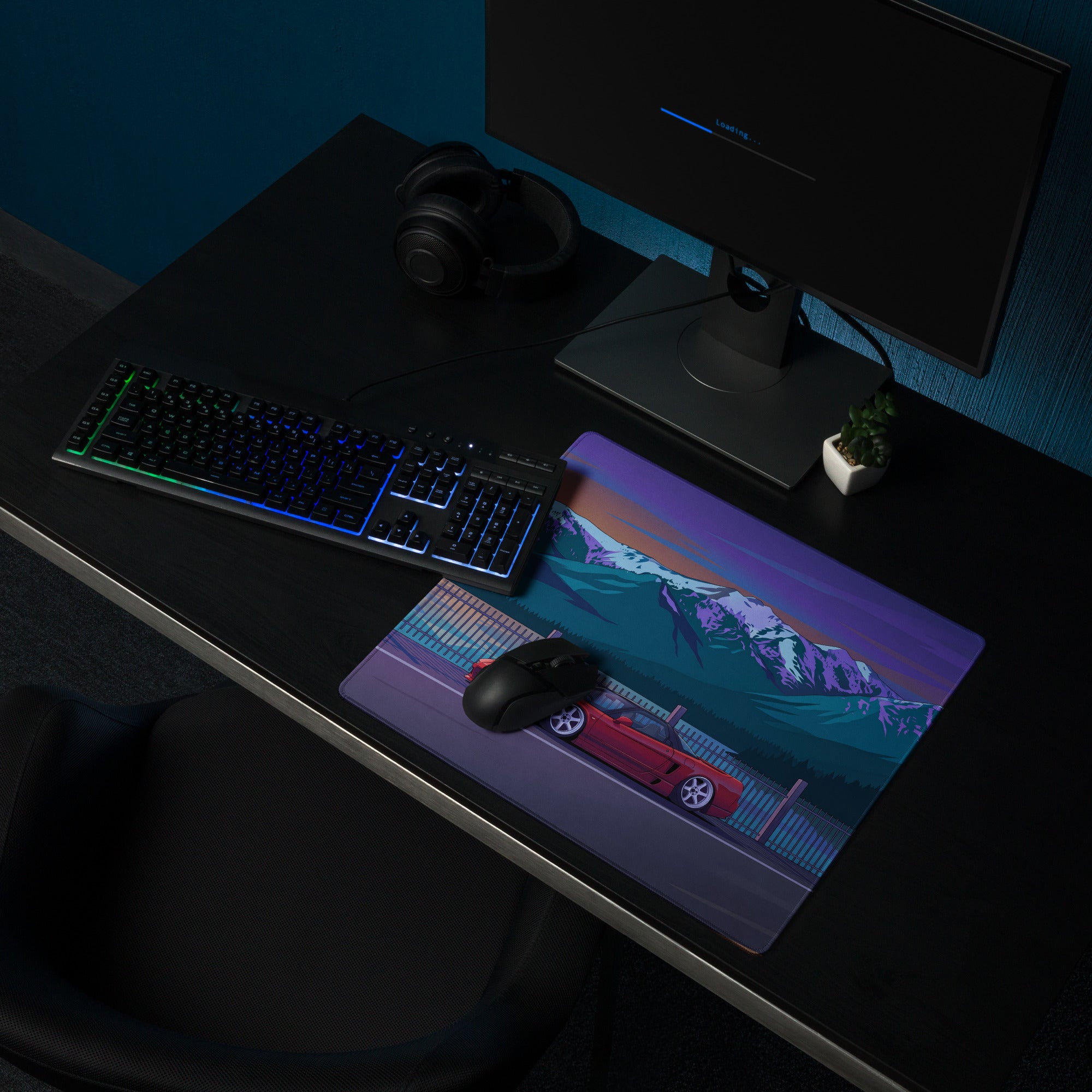 Honda NSX Inspired Red Blue Vaporwave Gaming Mouse Pad, Neon JDM Supercar Desk Mat with Retro Futuristic Snowy Mountain Artwork
