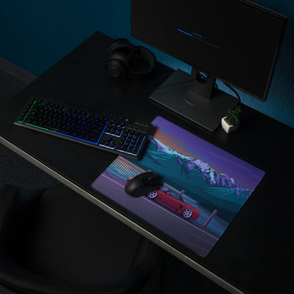 Honda NSX Inspired Red Blue Vaporwave Gaming Mouse Pad, Neon JDM Supercar Desk Mat with Retro Futuristic Snowy Mountain Artwork