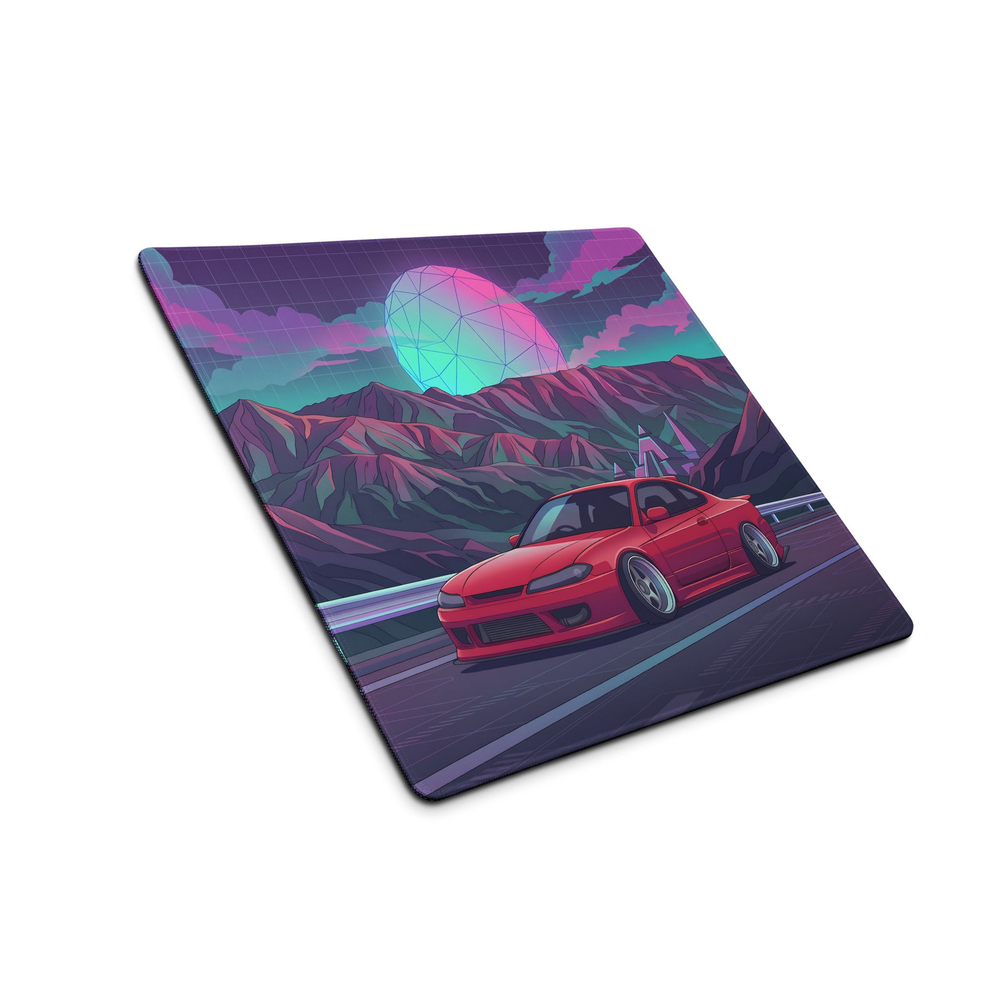 Nissan Silvia S15 Inspired Red Purple Vaporwave Gaming Mouse Pad, Neon JDM Drift Car Desk Mat with Retro Futuristic Mountain Road Artwork
