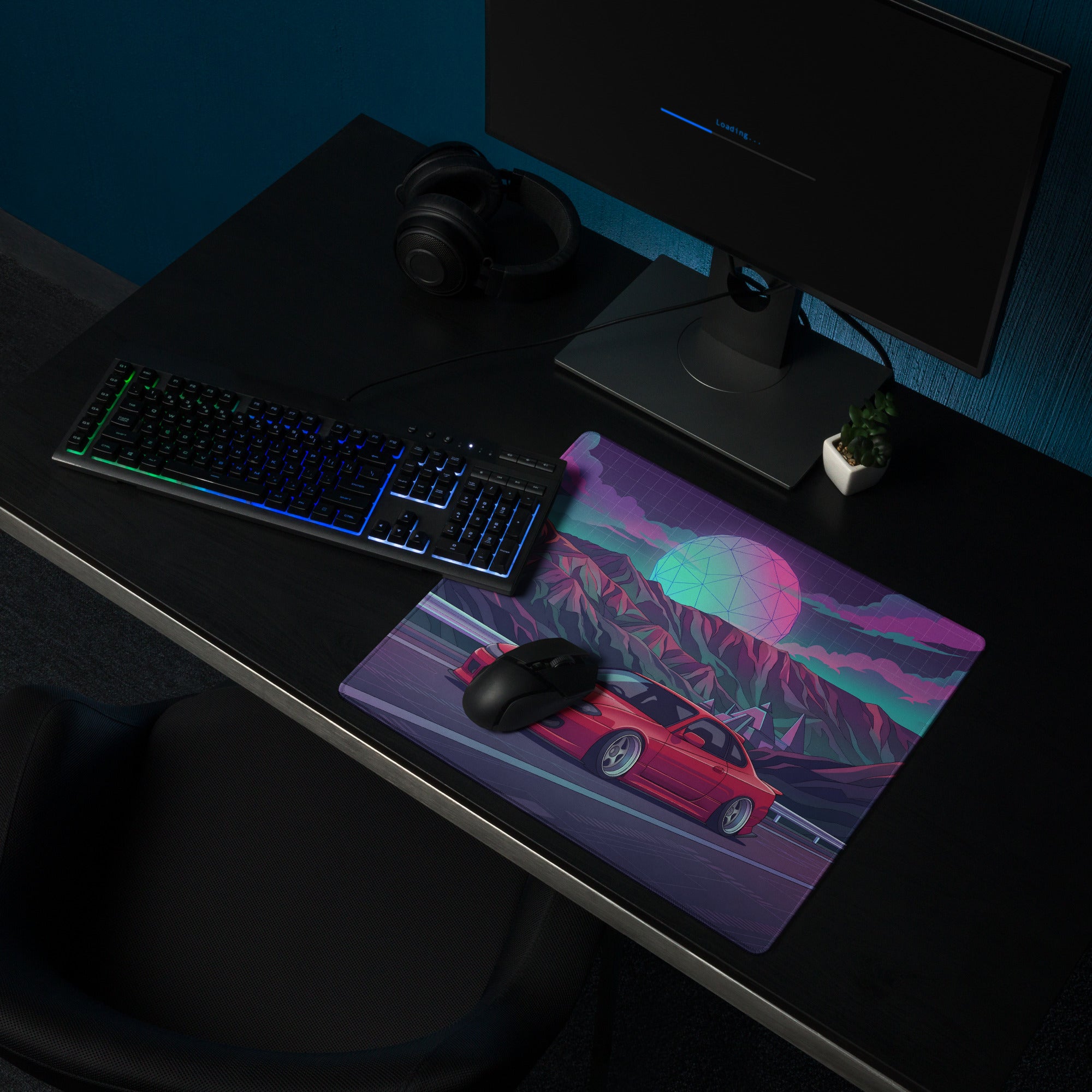 Nissan Silvia S15 Inspired Red Purple Vaporwave Gaming Mouse Pad, Neon JDM Drift Car Desk Mat with Retro Futuristic Mountain Road Artwork