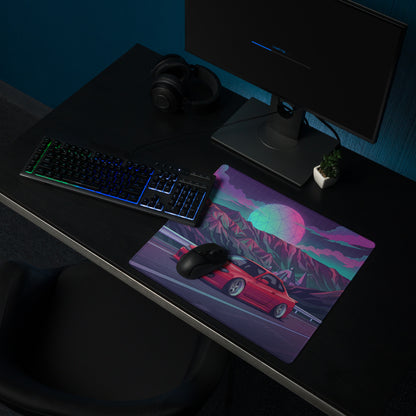Nissan Silvia S15 Inspired Red Purple Vaporwave Gaming Mouse Pad, Neon JDM Drift Car Desk Mat with Retro Futuristic Mountain Road Artwork