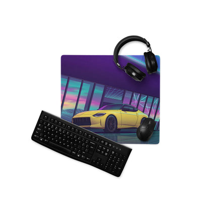Nissan Z RZ34 Inspired Yellow Purple Vaporwave Gaming Mouse Pad, Neon JDM Sports Car Desk Mat with Retro Futuristic Sunset Grid Artwork