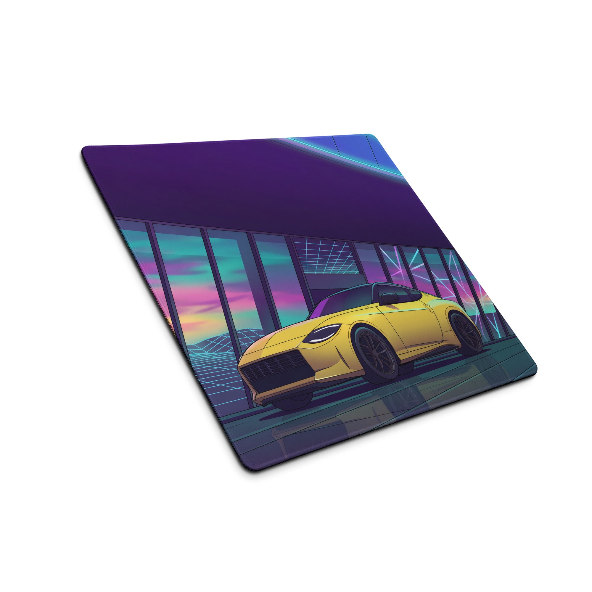 Nissan Z RZ34 Inspired Yellow Purple Vaporwave Gaming Mouse Pad, Neon JDM Sports Car Desk Mat with Retro Futuristic Sunset Grid Artwork