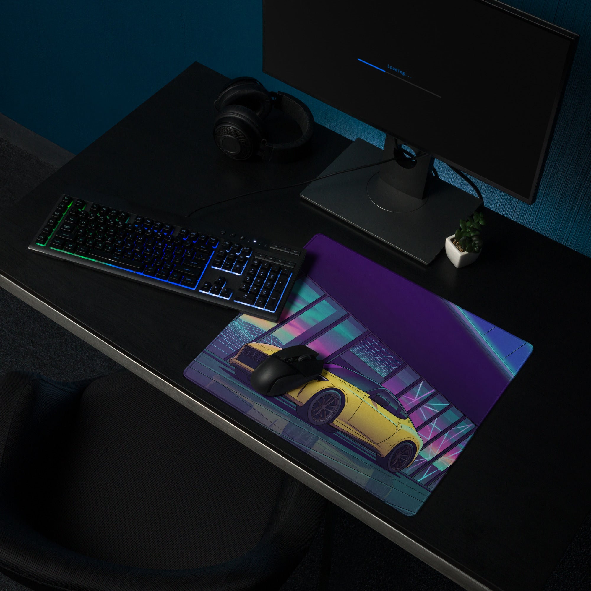 Nissan Z RZ34 Inspired Yellow Purple Vaporwave Gaming Mouse Pad, Neon JDM Sports Car Desk Mat with Retro Futuristic Sunset Grid Artwork