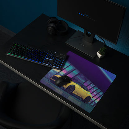Nissan Z RZ34 Inspired Yellow Purple Vaporwave Gaming Mouse Pad, Neon JDM Sports Car Desk Mat with Retro Futuristic Sunset Grid Artwork