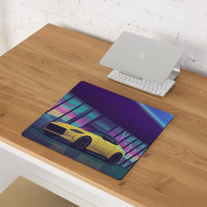 Nissan Z RZ34 Inspired Yellow Purple Vaporwave Gaming Mouse Pad, Neon JDM Sports Car Desk Mat with Retro Futuristic Sunset Grid Artwork