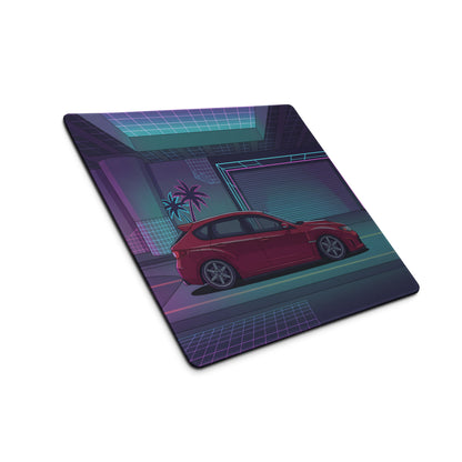 Subaru Impreza WRX STI Hatchback Inspired Red Purple Vaporwave Gaming Mouse Pad, Neon JDM Rally Car Desk Mat with Retro Futuristic City Artwork