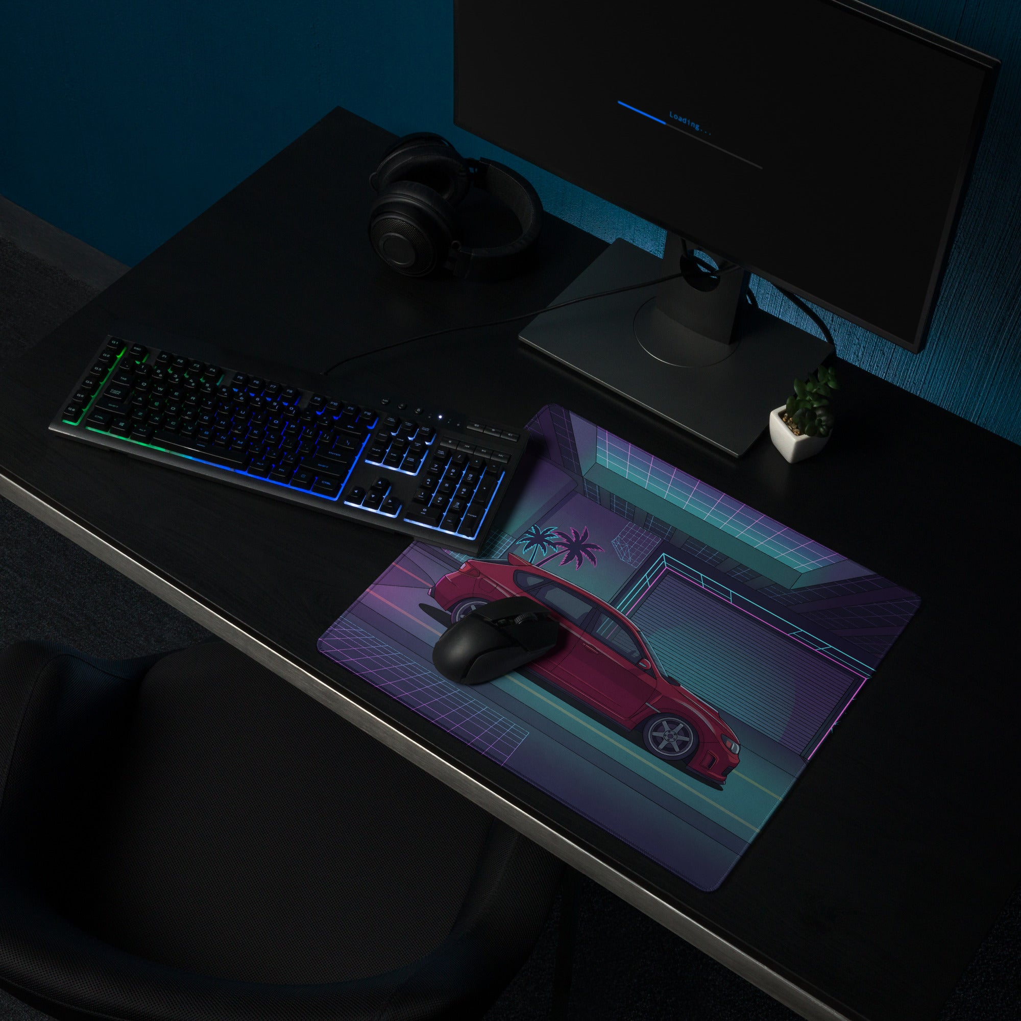 Subaru Impreza WRX STI Hatchback Inspired Red Purple Vaporwave Gaming Mouse Pad, Neon JDM Rally Car Desk Mat with Retro Futuristic City Artwork