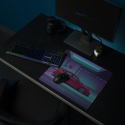 Subaru Impreza WRX STI Hatchback Inspired Red Purple Vaporwave Gaming Mouse Pad, Neon JDM Rally Car Desk Mat with Retro Futuristic City Artwork