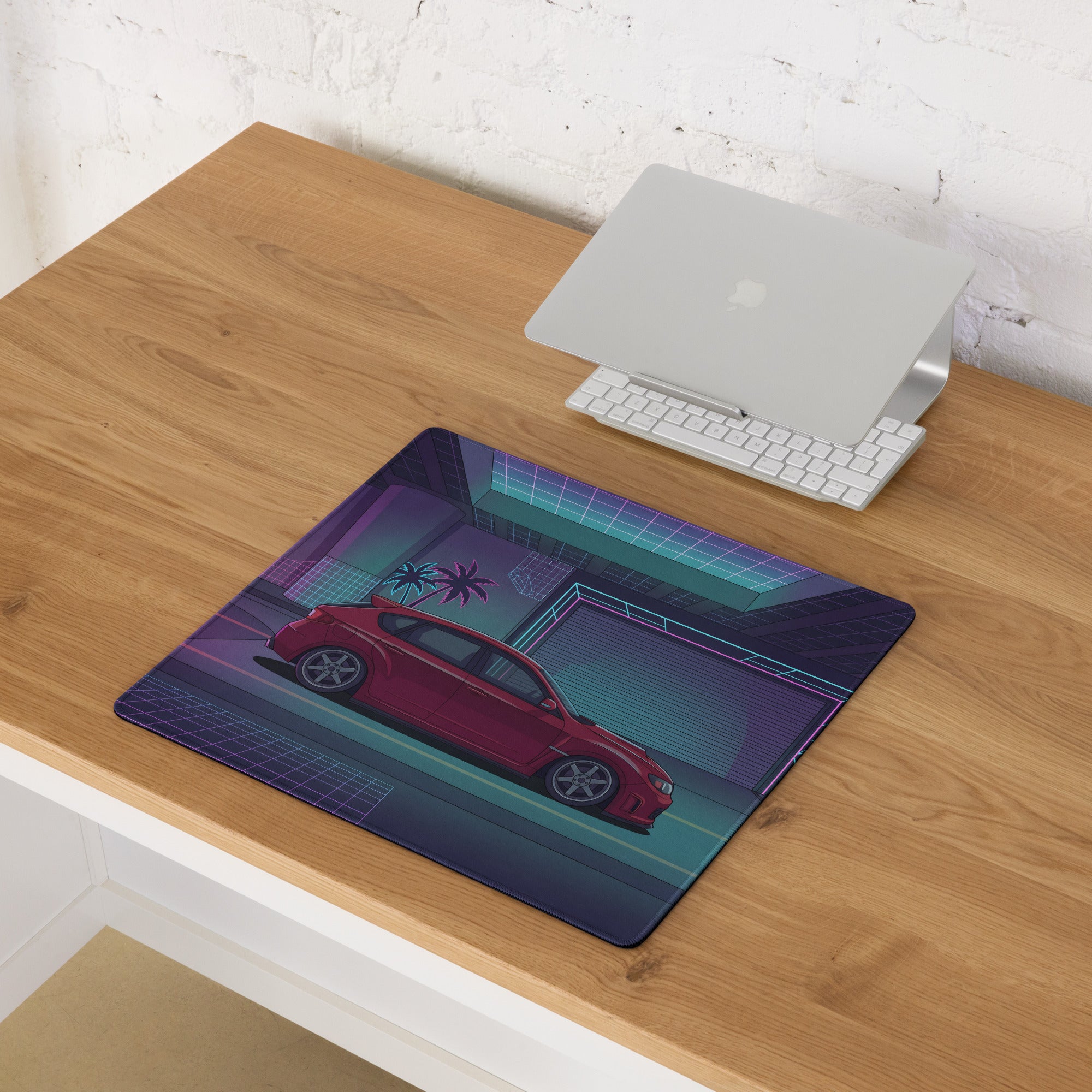 Subaru Impreza WRX STI Hatchback Inspired Red Purple Vaporwave Gaming Mouse Pad, Neon JDM Rally Car Desk Mat with Retro Futuristic City Artwork