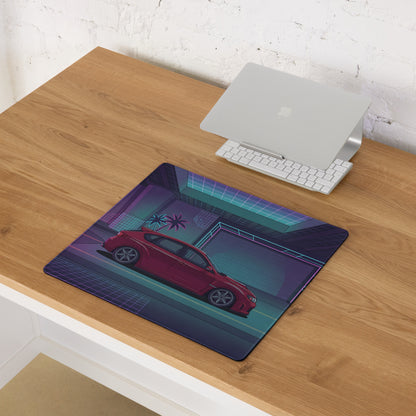 Subaru Impreza WRX STI Hatchback Inspired Red Purple Vaporwave Gaming Mouse Pad, Neon JDM Rally Car Desk Mat with Retro Futuristic City Artwork