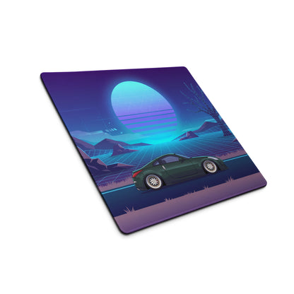 Nissan 350Z Z33 Inspired Green Blue Vaporwave Gaming Mouse Pad, Neon JDM Sports Car Desk Mat with Retro Futuristic Grid Sunset Artwork