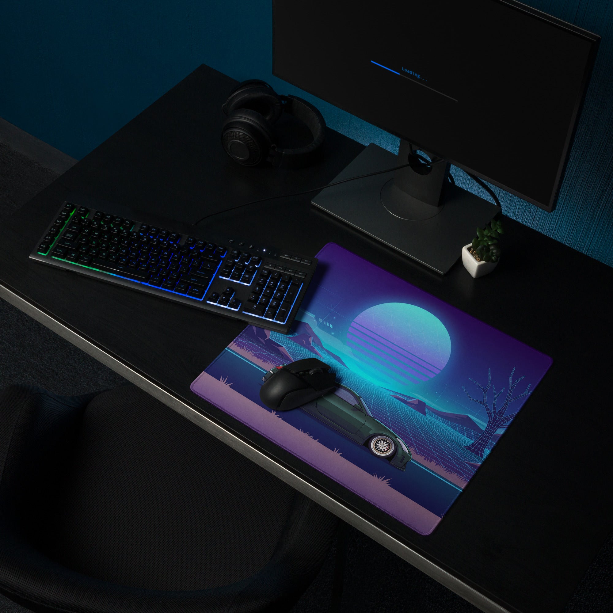 Nissan 350Z Z33 Inspired Green Blue Vaporwave Gaming Mouse Pad, Neon JDM Sports Car Desk Mat with Retro Futuristic Grid Sunset Artwork