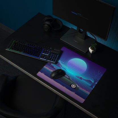 Nissan 350Z Z33 Inspired Green Blue Vaporwave Gaming Mouse Pad, Neon JDM Sports Car Desk Mat with Retro Futuristic Grid Sunset Artwork