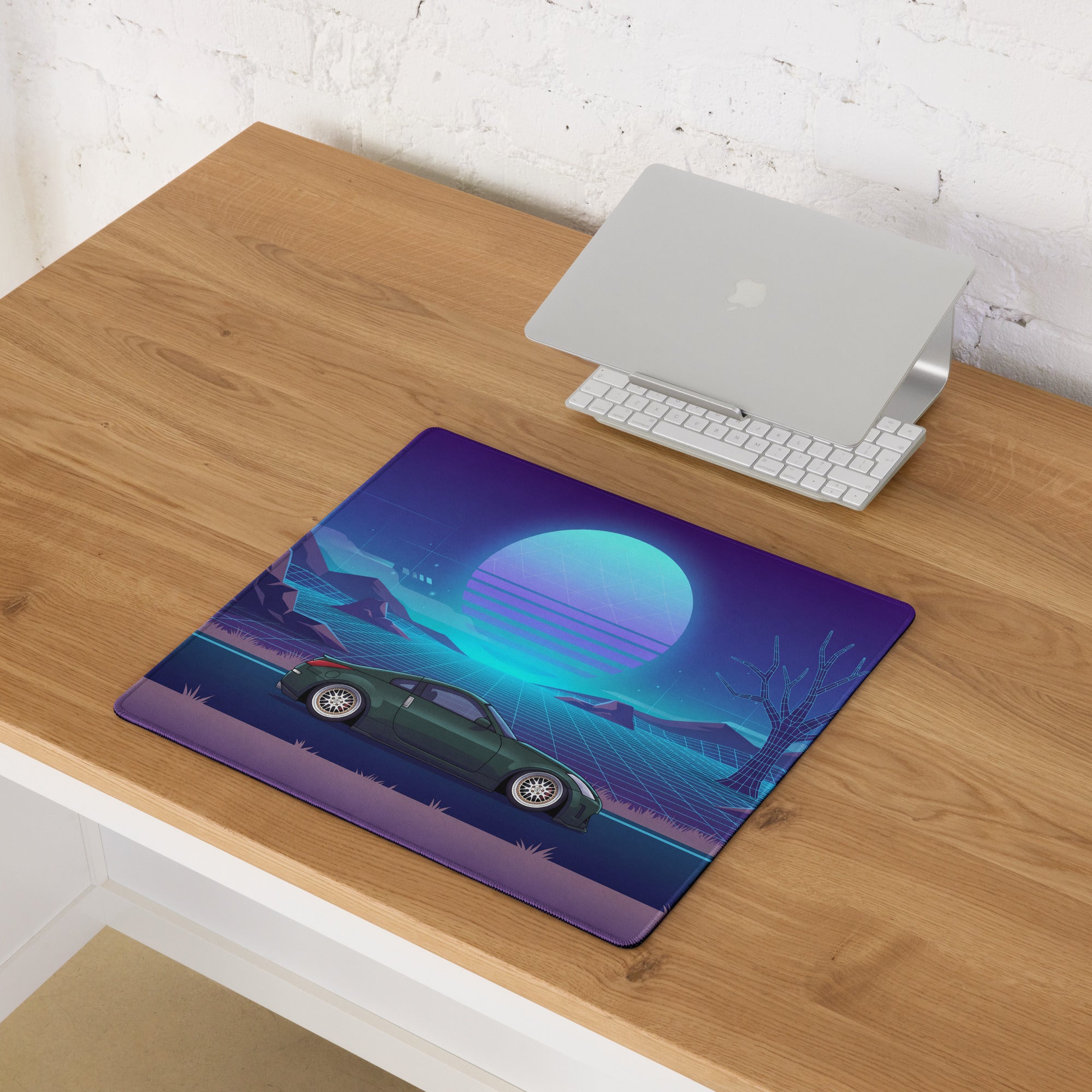 Nissan 350Z Z33 Inspired Green Blue Vaporwave Gaming Mouse Pad, Neon JDM Sports Car Desk Mat with Retro Futuristic Grid Sunset Artwork