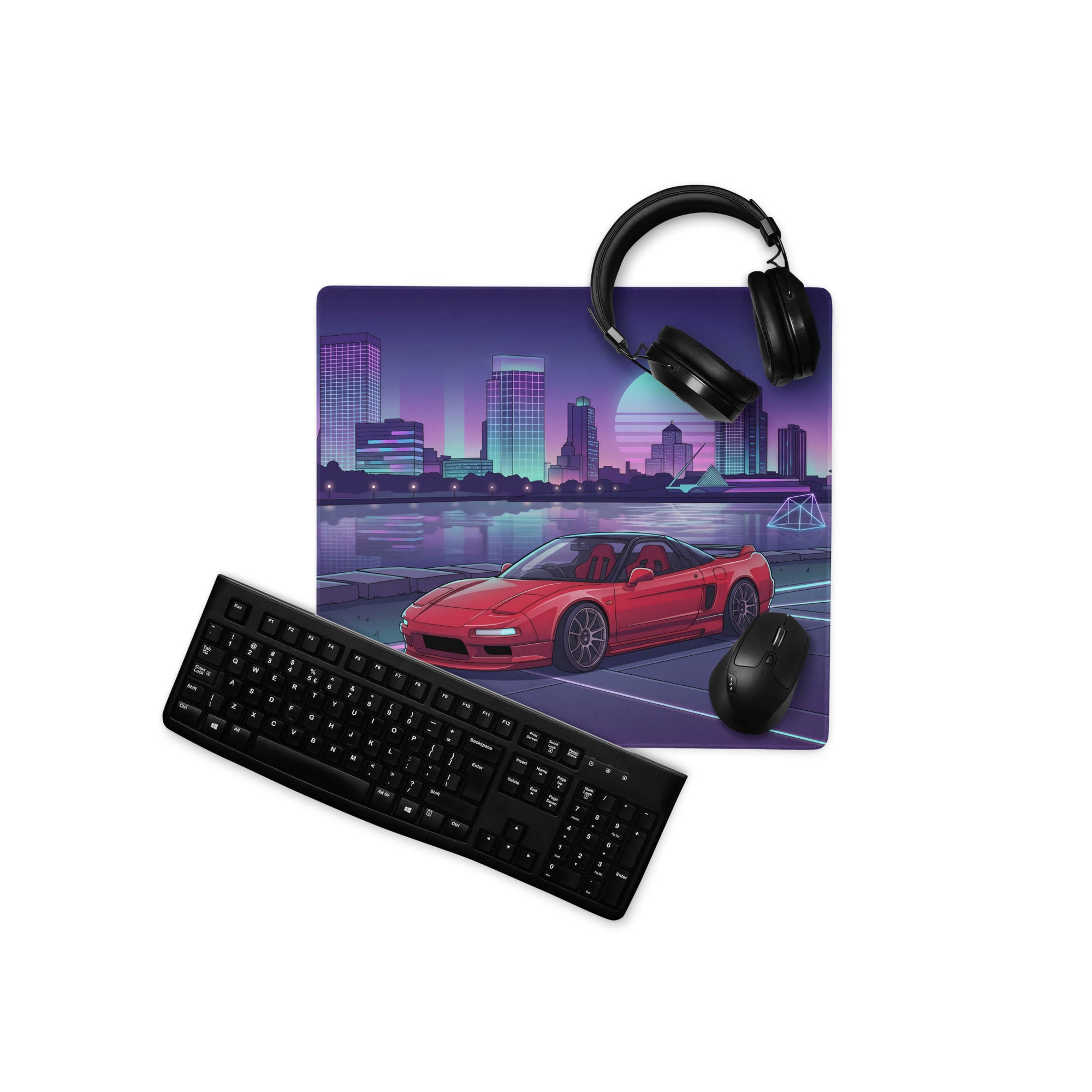 Honda NSX Inspired Red Purple Vaporwave Gaming Mouse Pad, Neon JDM Supercar Desk Mat with Retro Futuristic City Skyline Artwork