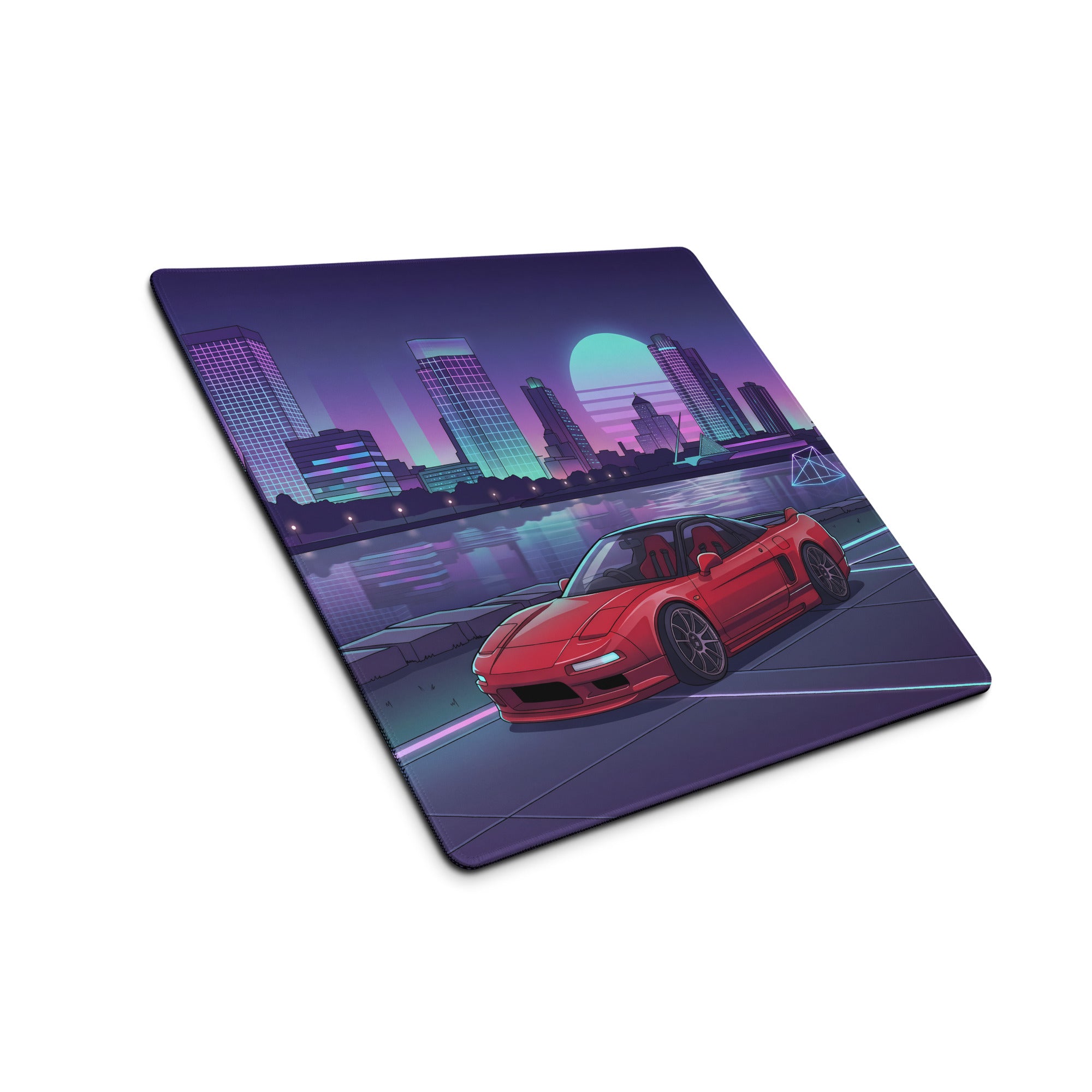 Honda NSX Inspired Red Purple Vaporwave Gaming Mouse Pad, Neon JDM Supercar Desk Mat with Retro Futuristic City Skyline Artwork