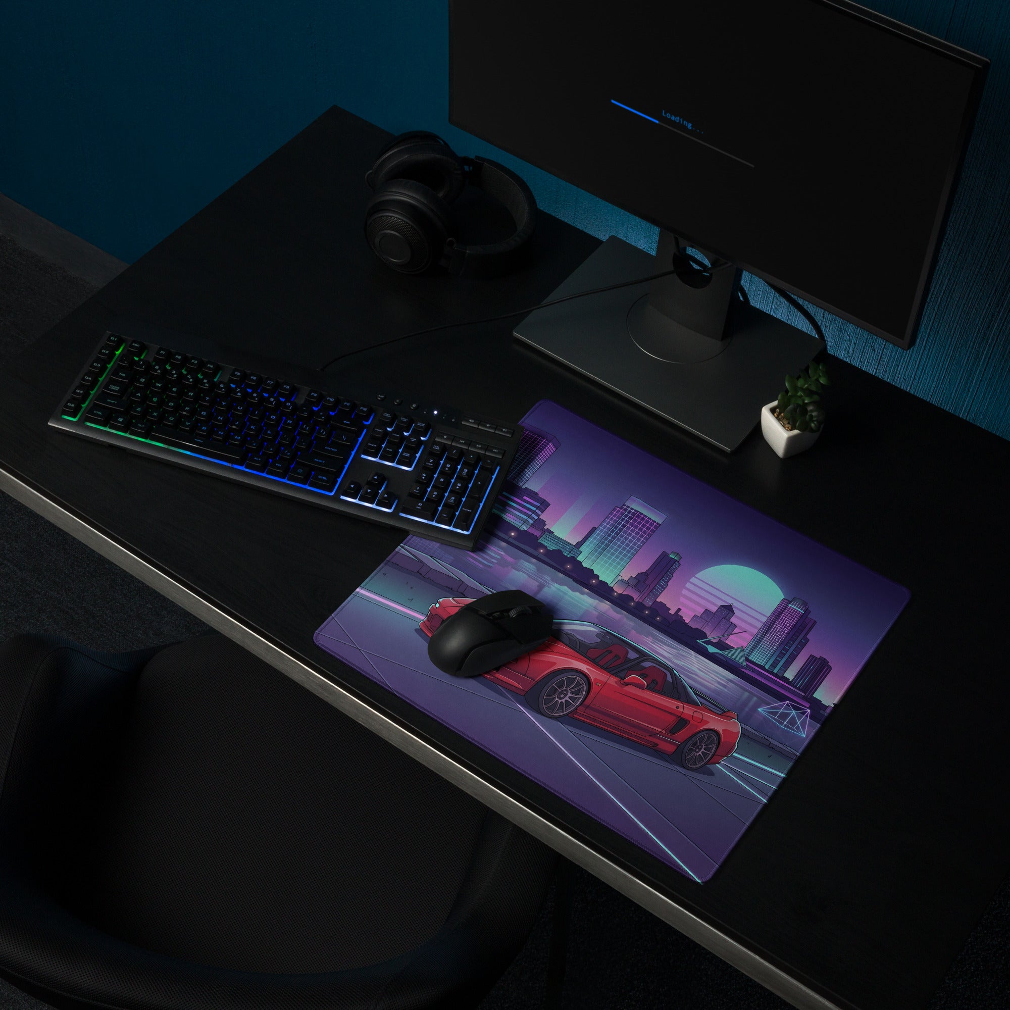 Honda NSX Inspired Red Purple Vaporwave Gaming Mouse Pad, Neon JDM Supercar Desk Mat with Retro Futuristic City Skyline Artwork
