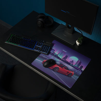 Honda NSX Inspired Red Purple Vaporwave Gaming Mouse Pad, Neon JDM Supercar Desk Mat with Retro Futuristic City Skyline Artwork