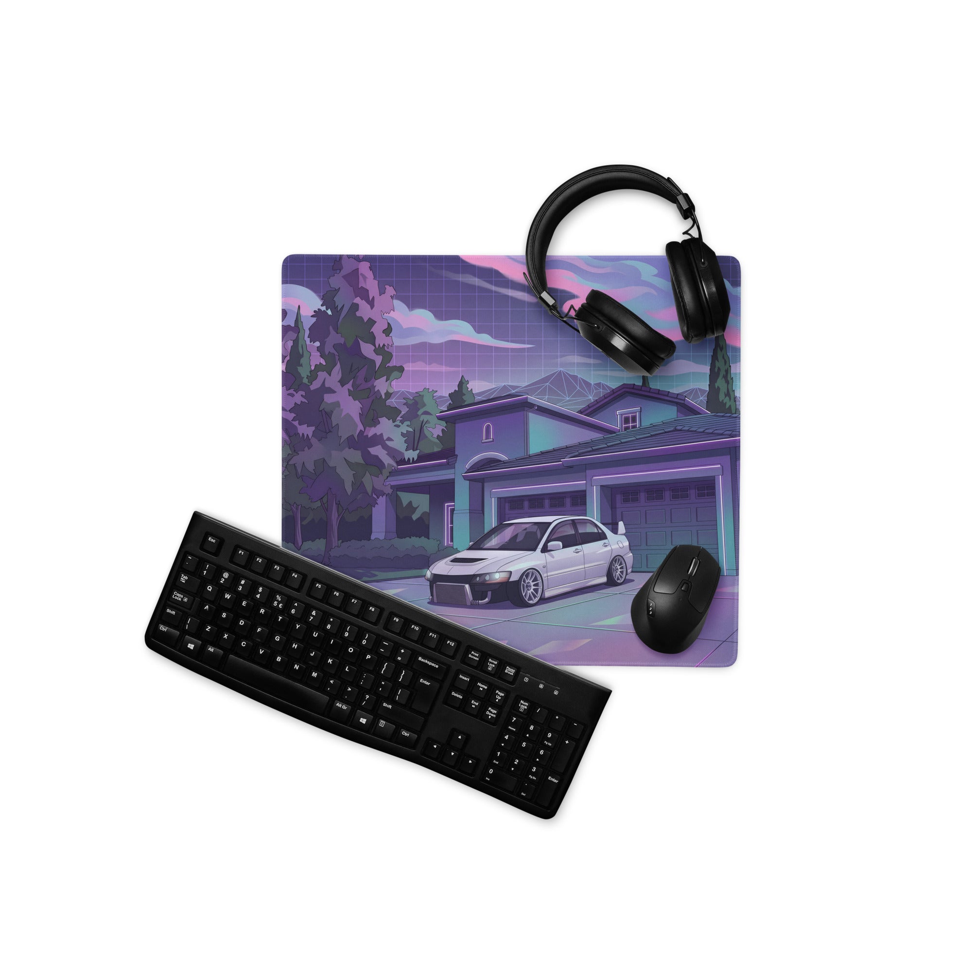 Mitsubishi Lancer Evolution IX Inspired White Purple Vaporwave Gaming Mouse Pad, Neon JDM Tuner Car Desk Mat with Retro Futuristic Night Art