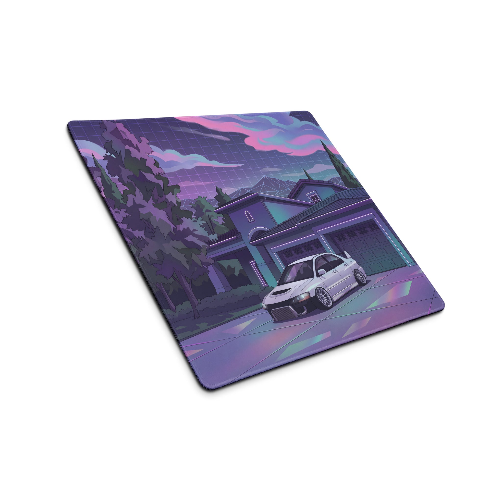 Mitsubishi Lancer Evolution IX Inspired White Purple Vaporwave Gaming Mouse Pad, Neon JDM Tuner Car Desk Mat with Retro Futuristic Night Art
