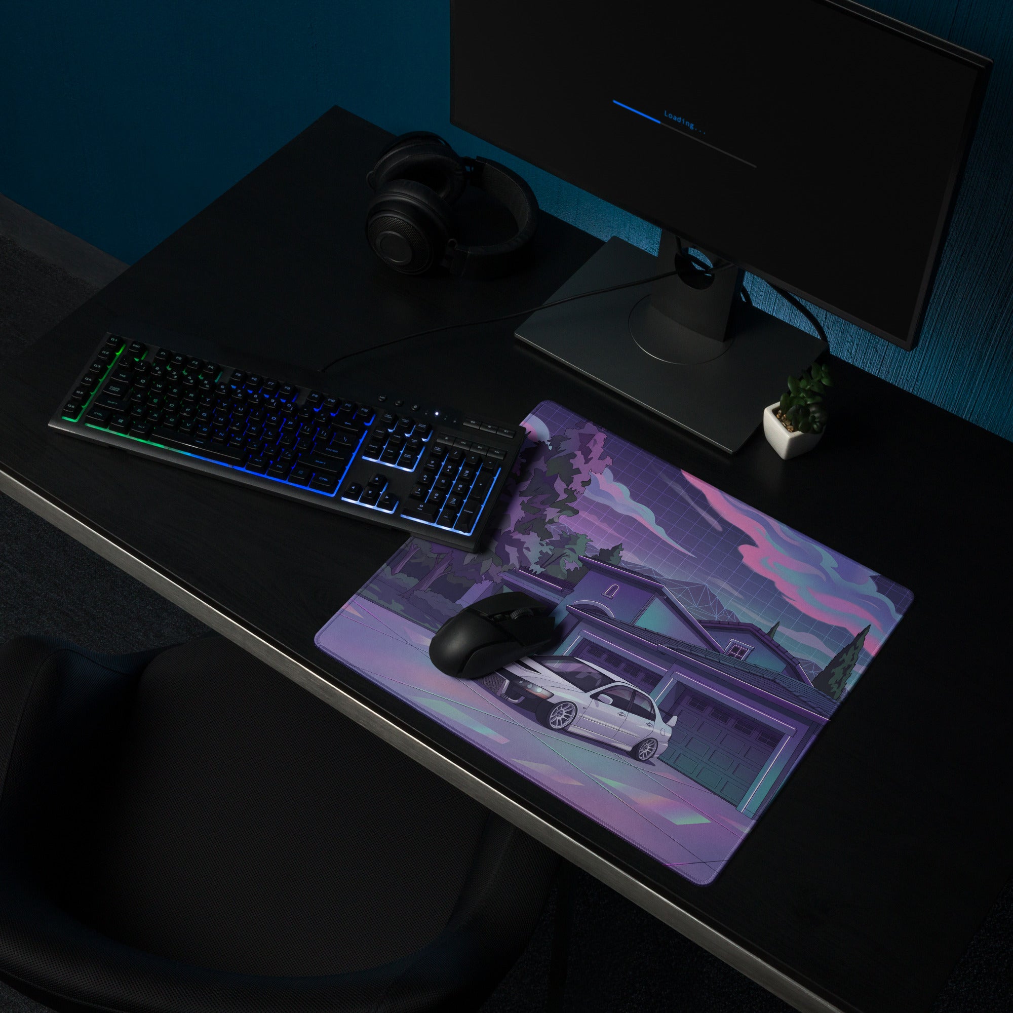 Mitsubishi Lancer Evolution IX Inspired White Purple Vaporwave Gaming Mouse Pad, Neon JDM Tuner Car Desk Mat with Retro Futuristic Night Art