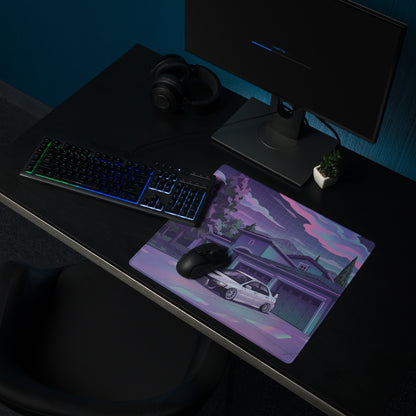 Mitsubishi Lancer Evolution IX Inspired White Purple Vaporwave Gaming Mouse Pad, Neon JDM Tuner Car Desk Mat with Retro Futuristic Night Art