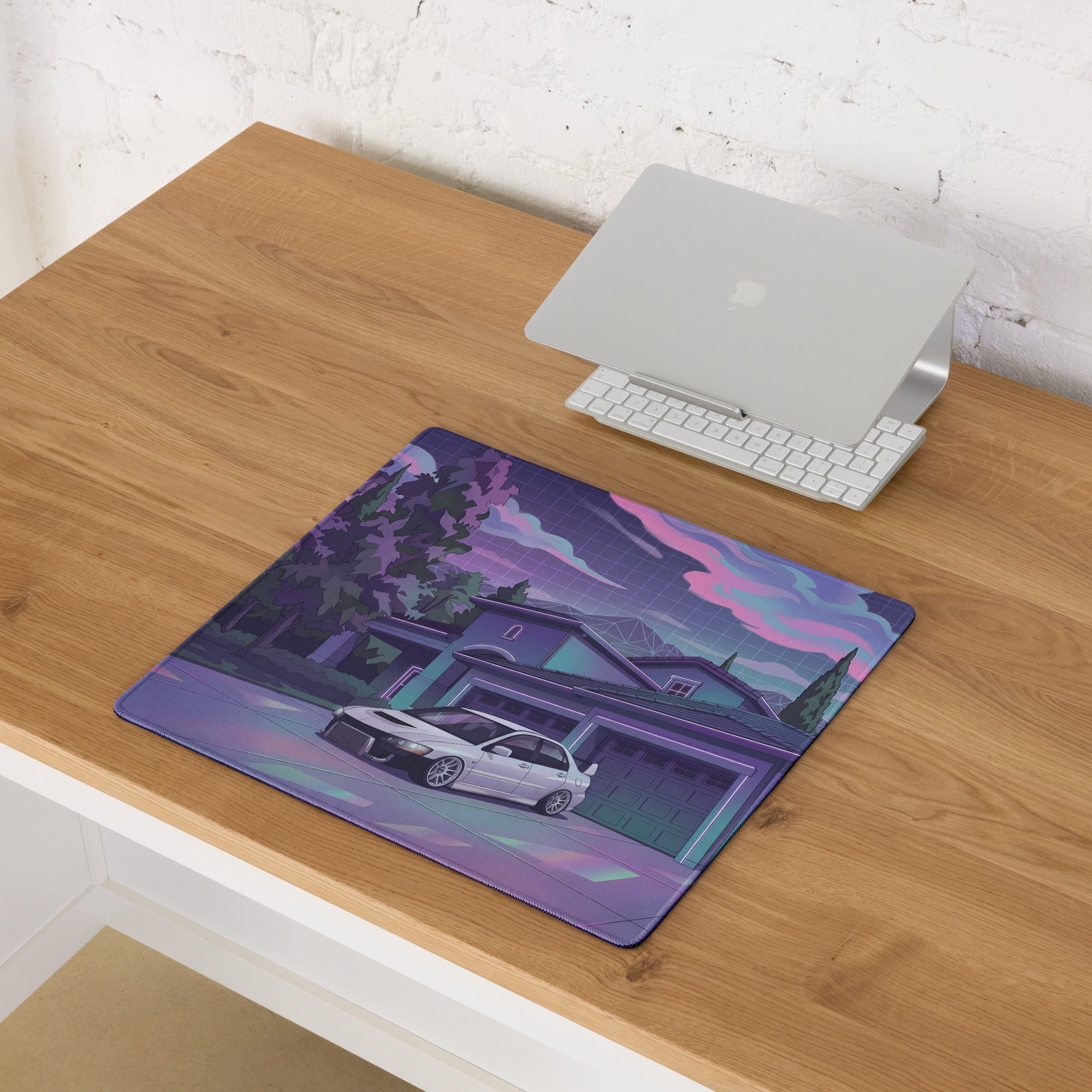 Mitsubishi Lancer Evolution IX Inspired White Purple Vaporwave Gaming Mouse Pad, Neon JDM Tuner Car Desk Mat with Retro Futuristic Night Art