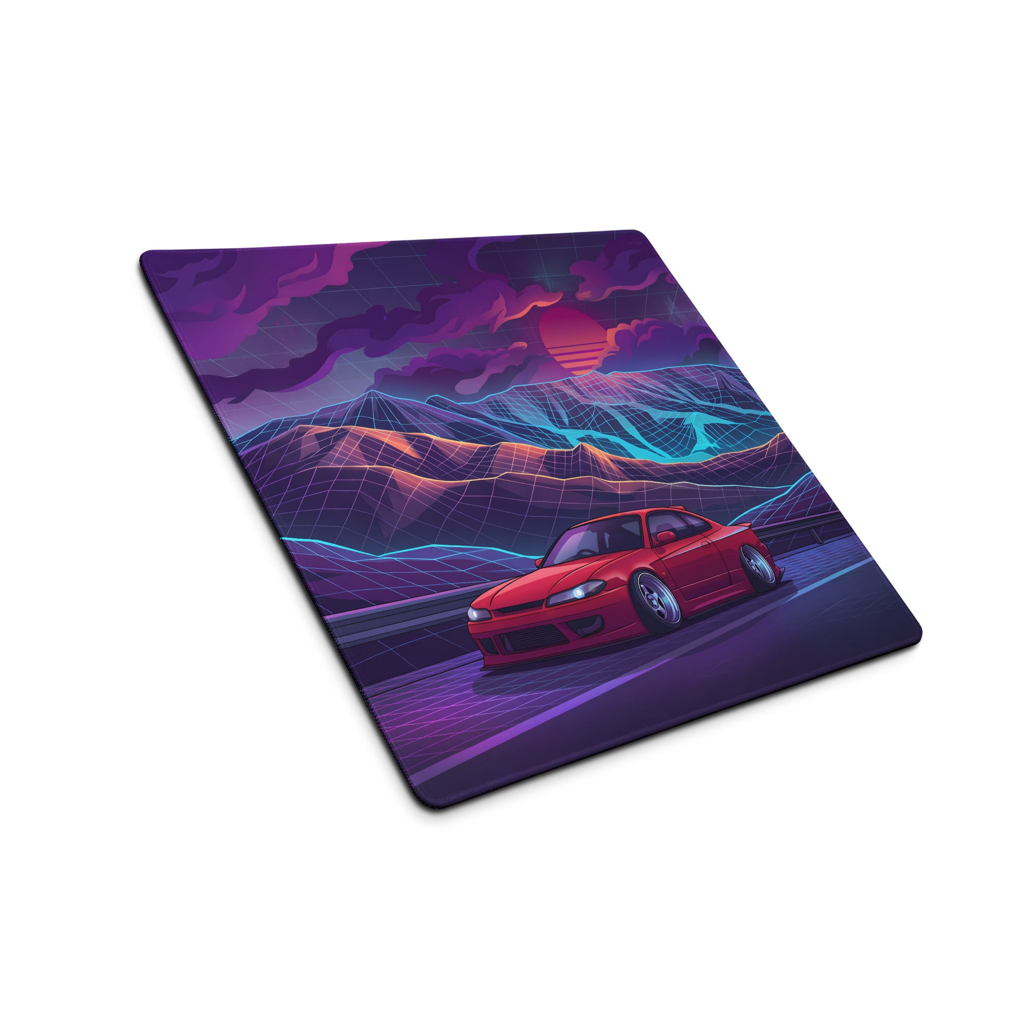 Nissan Silvia S15 Inspired Red Purple Vaporwave Gaming Mouse Pad, Neon JDM Drift Car Desk Mat with Retro Futuristic Mountain Sunset Artwork
