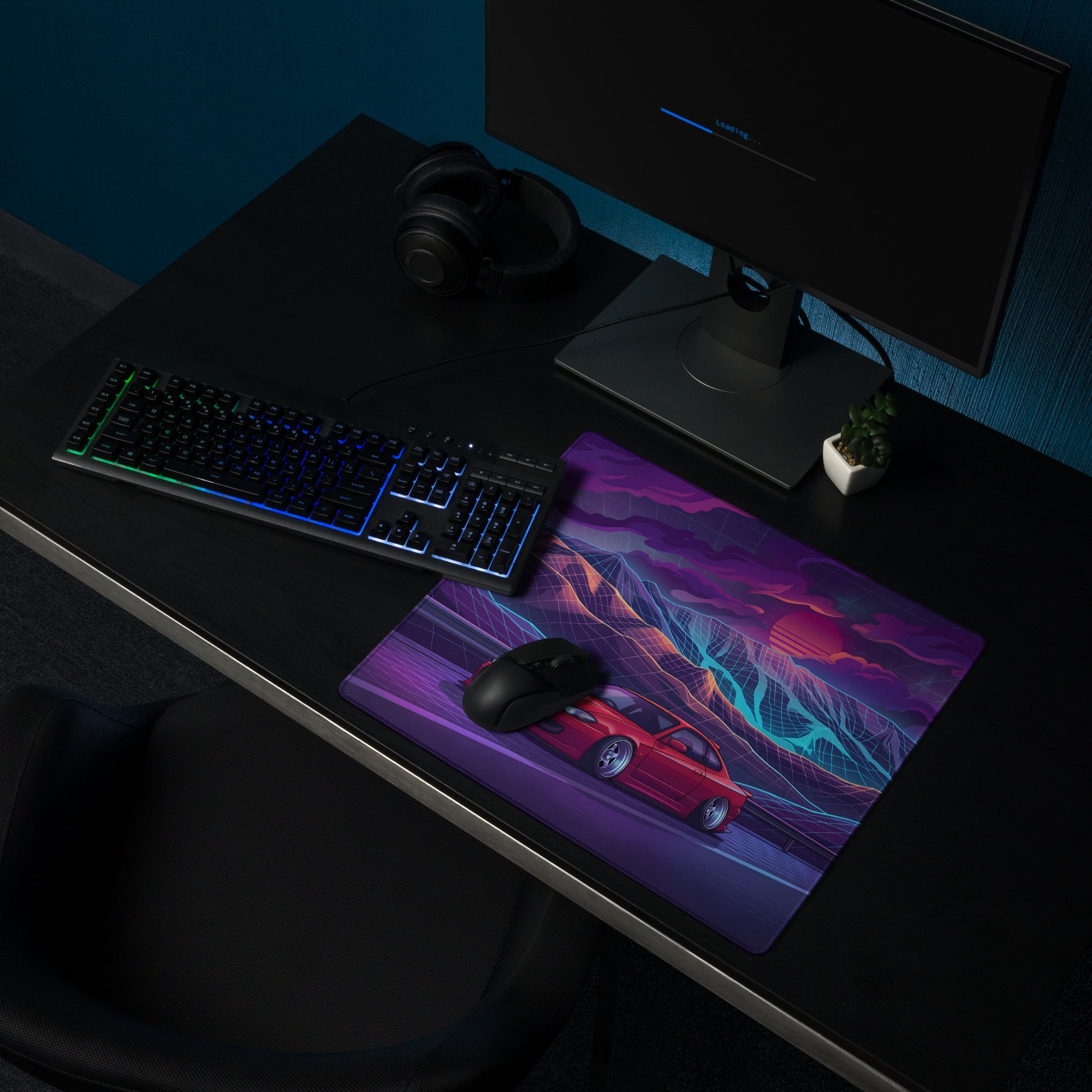 Nissan Silvia S15 Inspired Red Purple Vaporwave Gaming Mouse Pad, Neon JDM Drift Car Desk Mat with Retro Futuristic Mountain Sunset Artwork