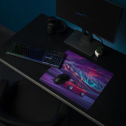 Nissan Silvia S15 Inspired Red Purple Vaporwave Gaming Mouse Pad, Neon JDM Drift Car Desk Mat with Retro Futuristic Mountain Sunset Artwork