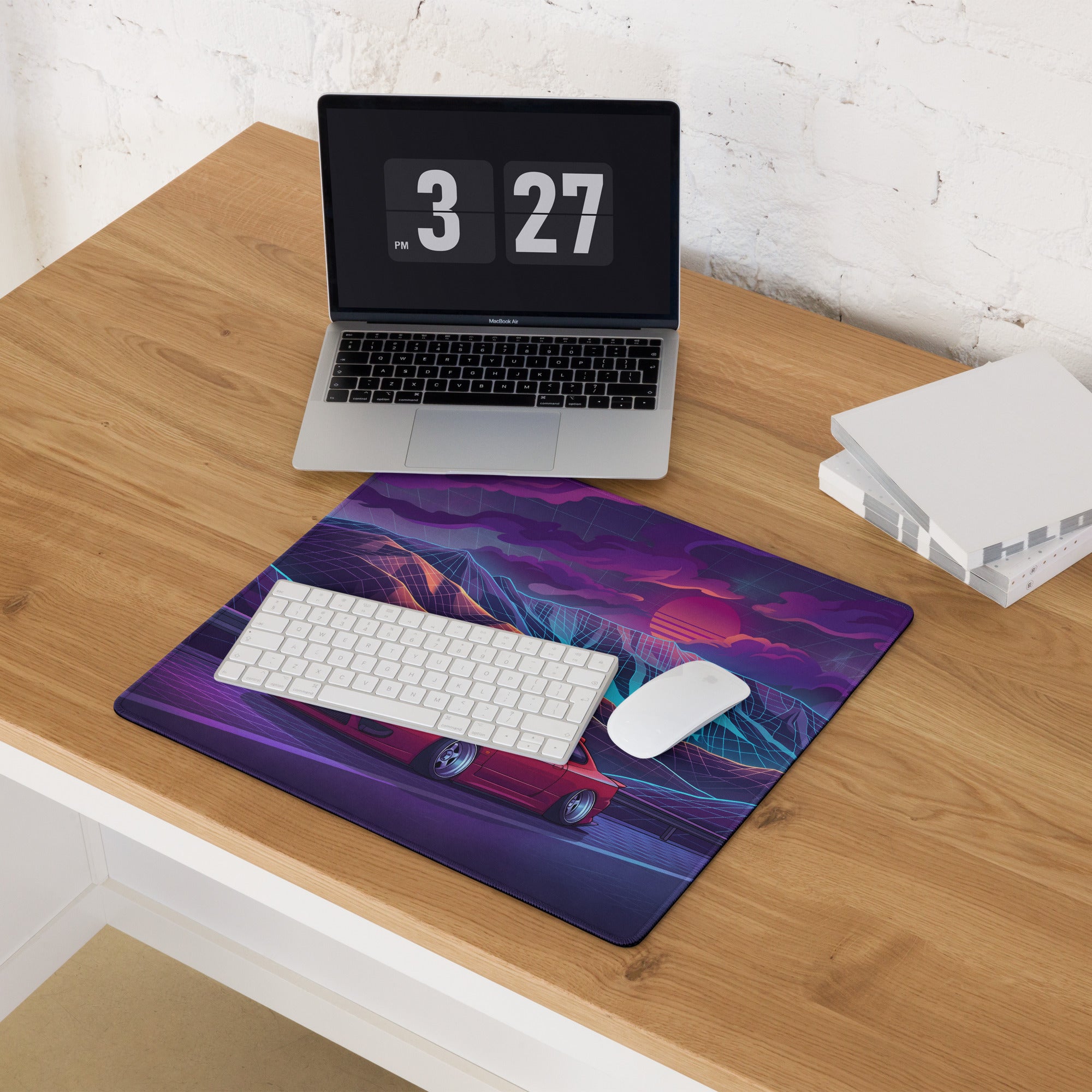 Nissan Silvia S15 Inspired Red Purple Vaporwave Gaming Mouse Pad, Neon JDM Drift Car Desk Mat with Retro Futuristic Mountain Sunset Artwork