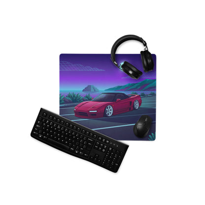 Honda NSX Inspired Red Purple Vaporwave Gaming Mouse Pad, Neon JDM Supercar Desk Mat with Retro Futuristic Moonlit Coastal Crystal Artwork
