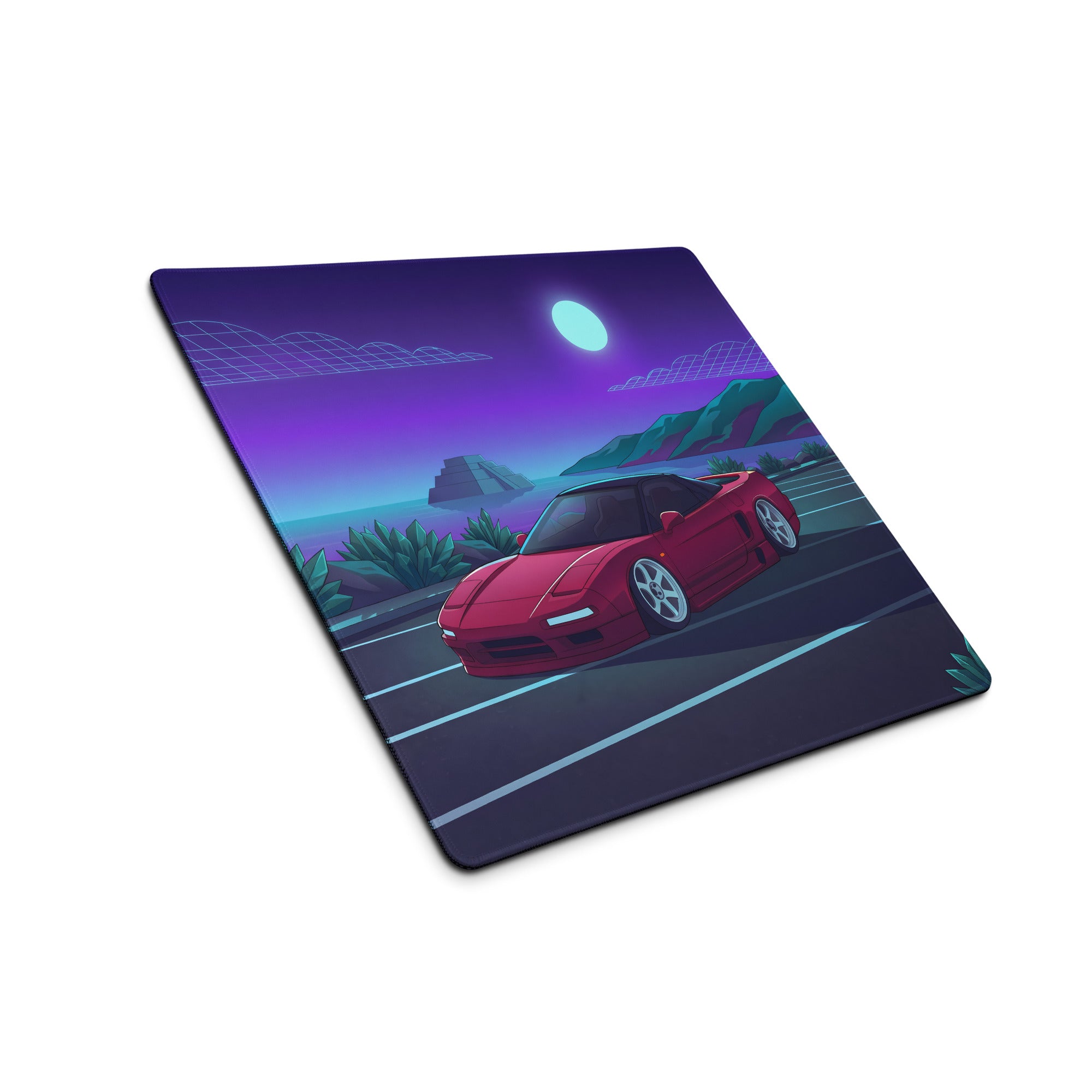 Honda NSX Inspired Red Purple Vaporwave Gaming Mouse Pad, Neon JDM Supercar Desk Mat with Retro Futuristic Moonlit Coastal Crystal Artwork